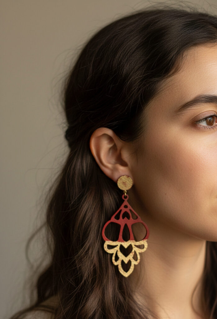 Pendientes bohemios rojo y dorado de cuero reciclado.