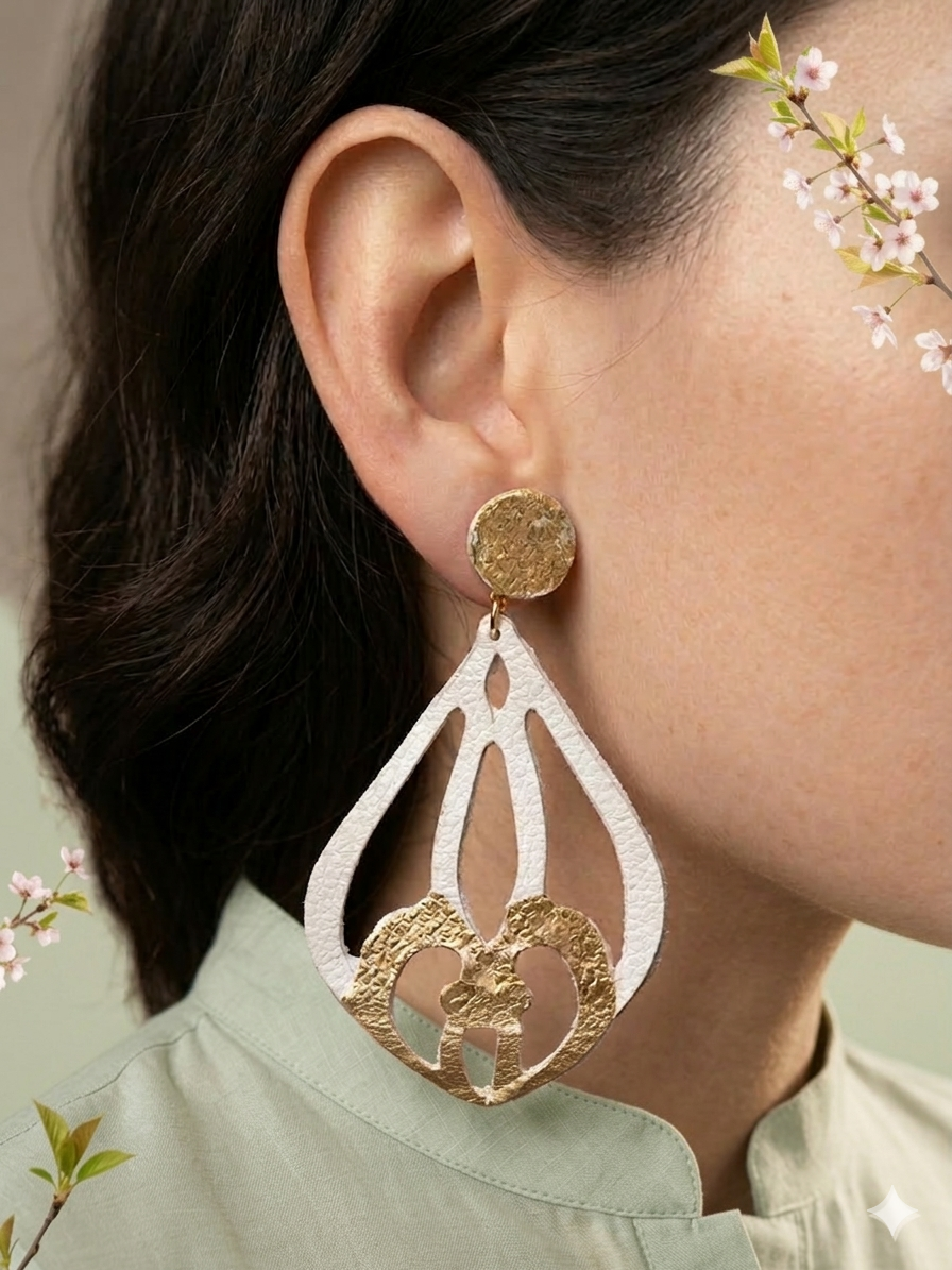 Pendientes REINA Blanco Esencia - Cuero Reciclado y Oro. - Imagen 2