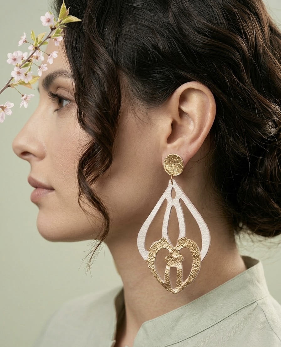 "Pendientes de diseño modelo REINA Blanco Esencia en cuero reciclado pintado a mano, joya de autor sostenible con botón en baño de oro texturizado".