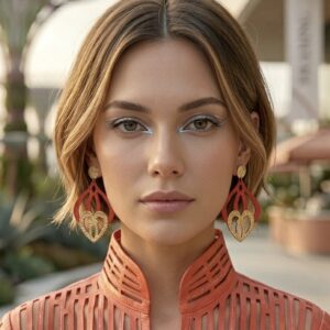 "Pendientes artesanales modelo REINA en color Rojo Carmín, fabricados en cuero reciclado con textura pintada a mano y botón superior en baño de oro texturizado."