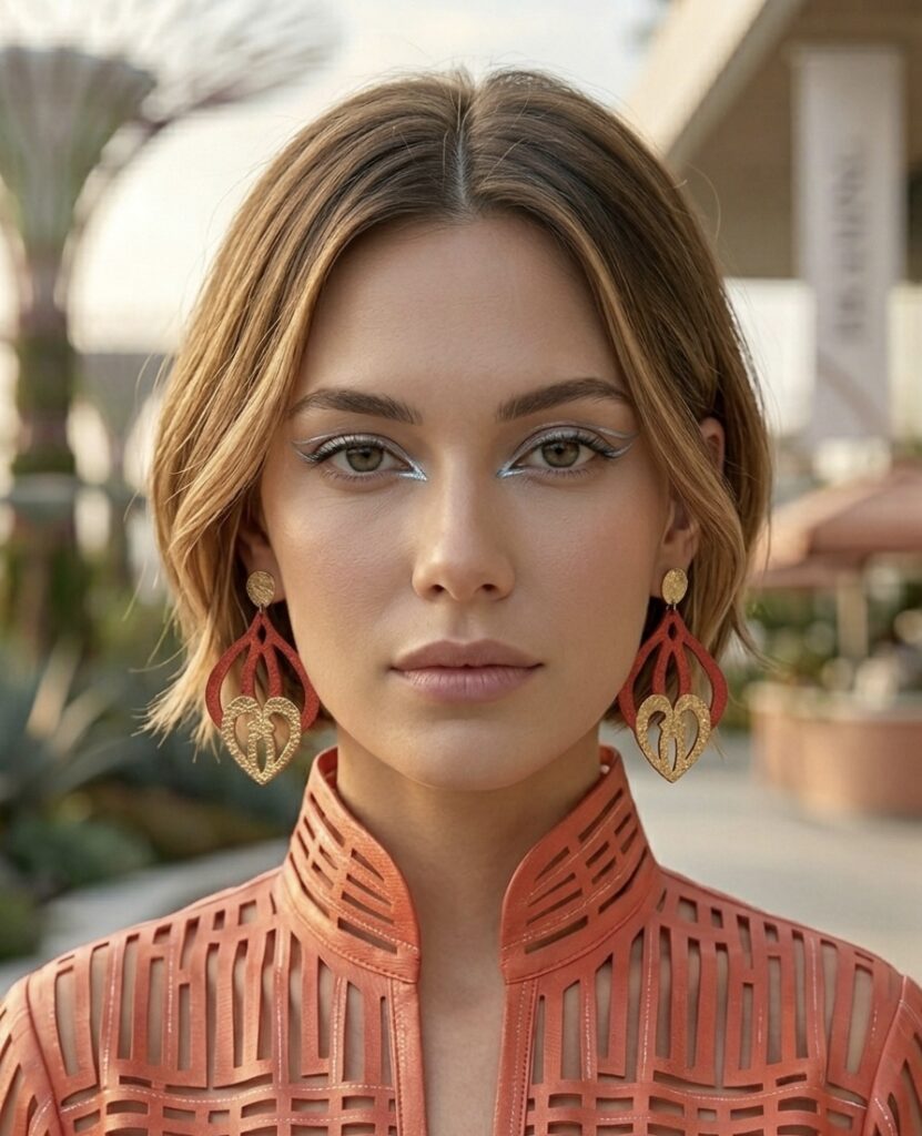 "Pendientes artesanales modelo REINA en color Rojo Carmín, fabricados en cuero reciclado con textura pintada a mano y botón superior en baño de oro texturizado."